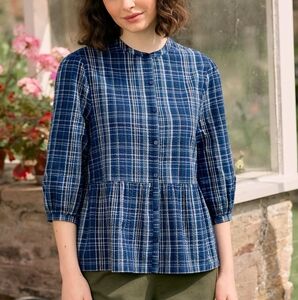 Seasalt Cornwall Swan's Way Peplum Button Down Cotton Shirt Blue UK 14‎ US 10